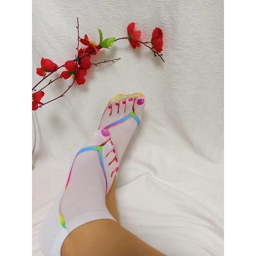 2pairs 3D nail print socks fun flip flops socks 3D pattern socks sandals socks low cut ankle fool socks - a prank gift Qme