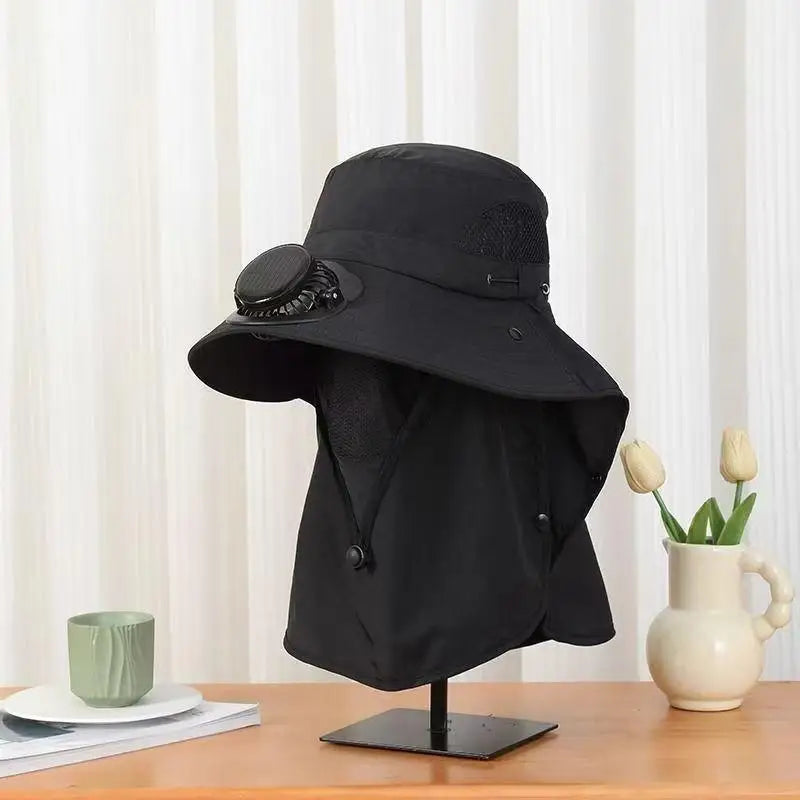 Men Fan Hat Solar Panel Wide-brimmed Shawl Fishing USB Charging Qme black