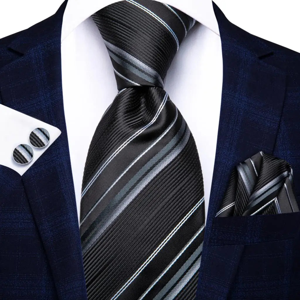 Hi-tie Men Fashion Striped Navy Blue Necktie Handkerchief Cufflinks