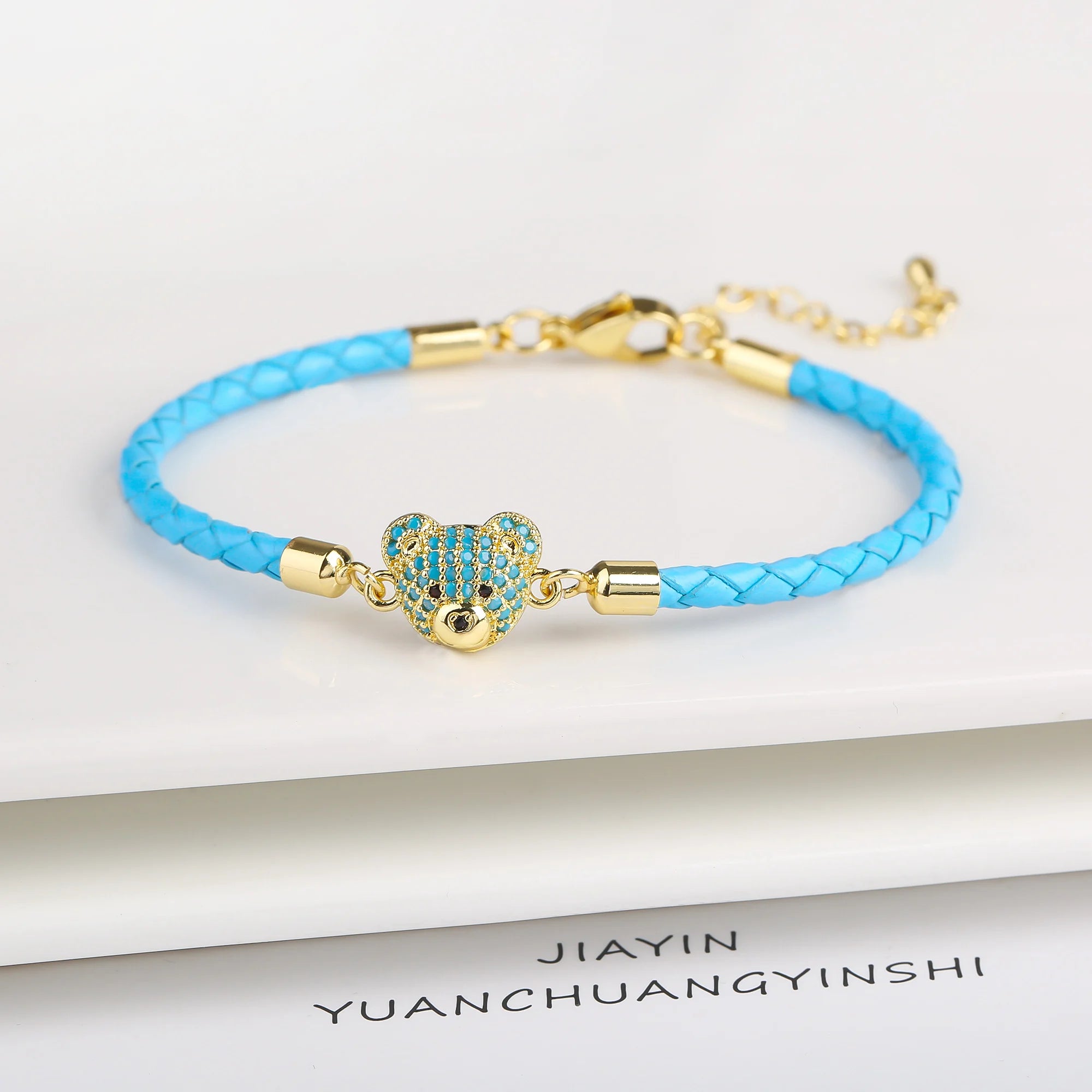 New 6 Colors Fashion Cute Animal Bear Zirconia Leather Rope Braided Adjustable Bracelet Classic for Man Woman Party Jewelry Gift Qme Blue