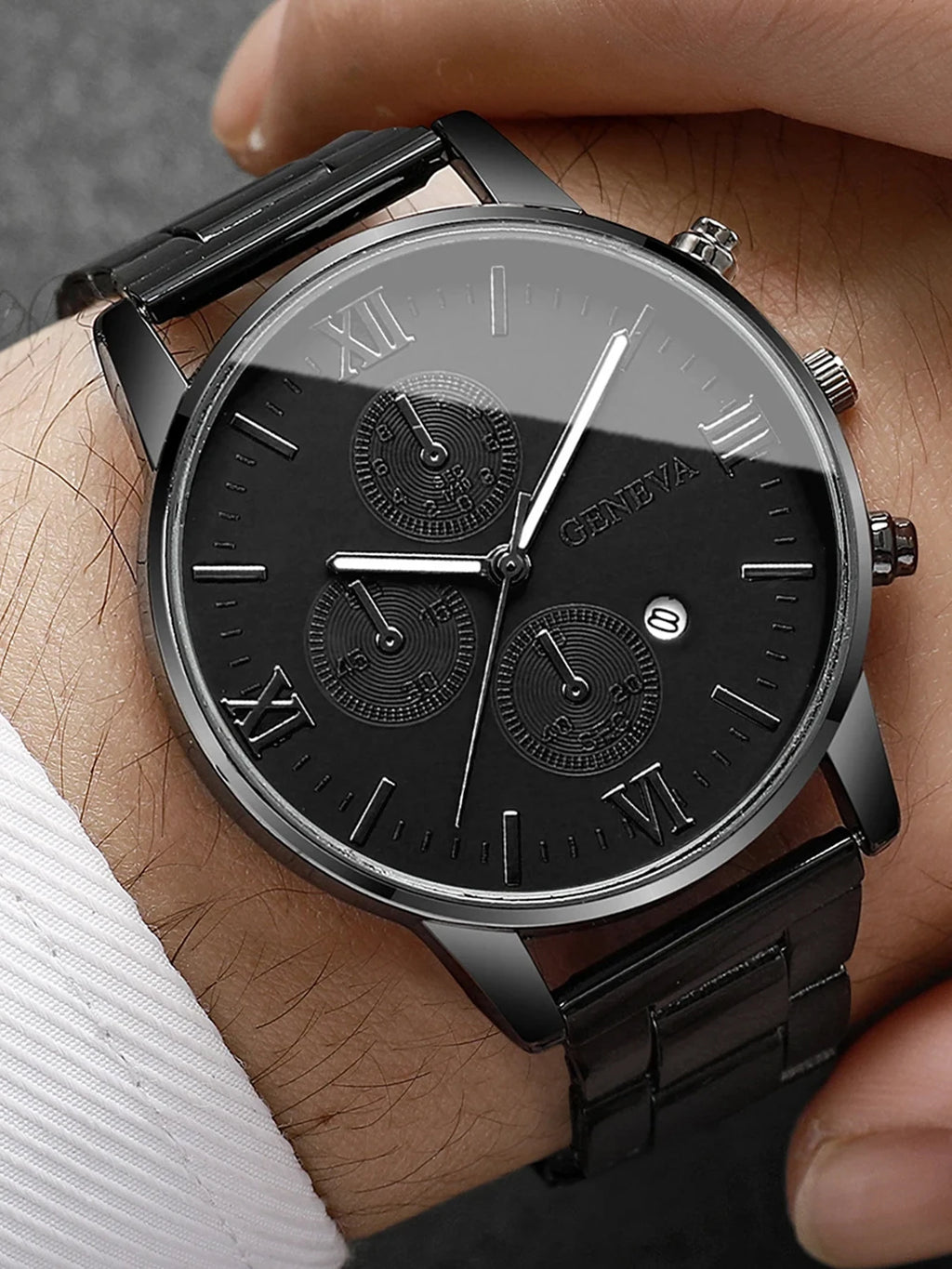 Men's Trendy Roman Digital Fashion Watch Set Men's Black Minimalist Quartz Watch Set Qme