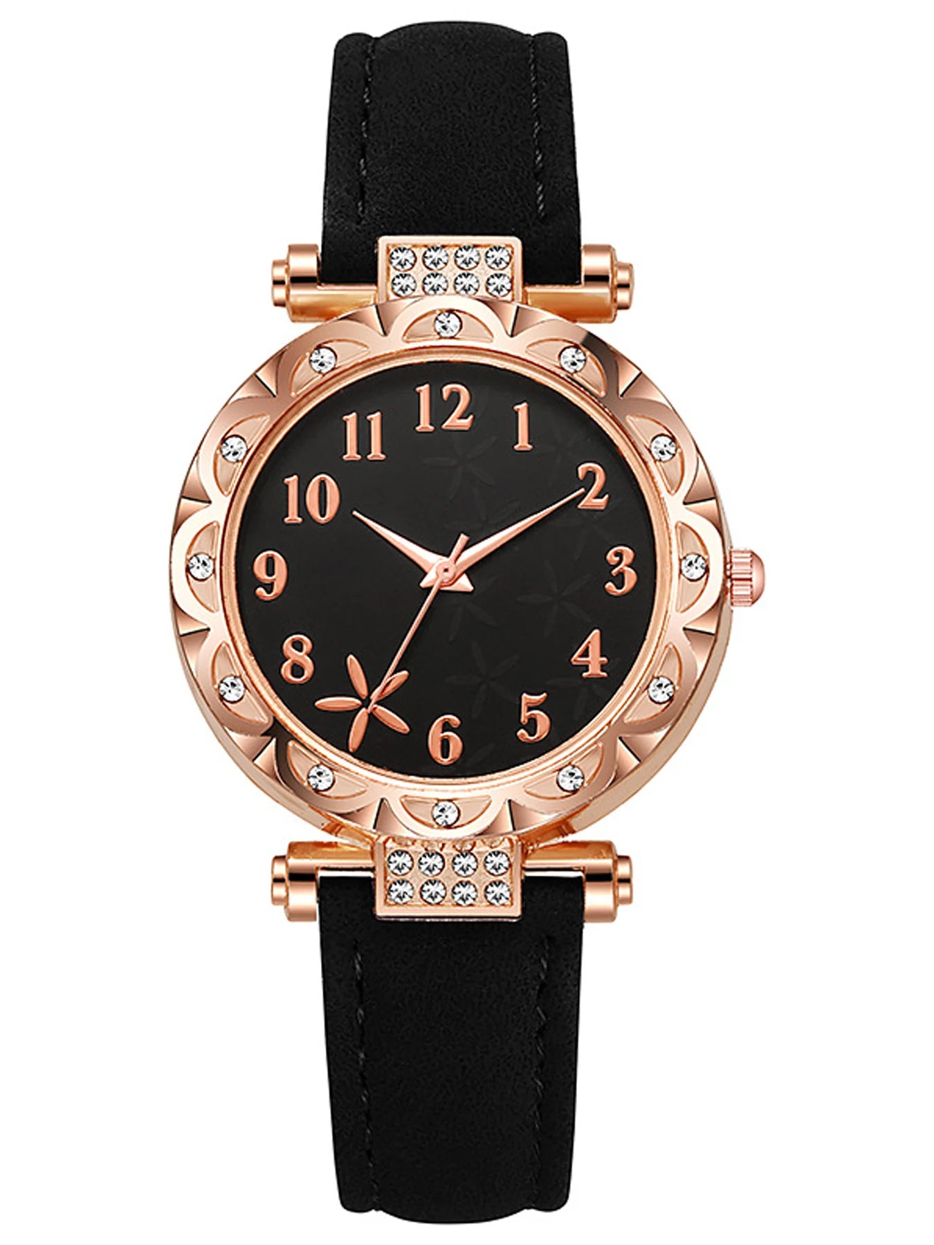 Fashion Diamond encrusted Women's Quartz Watch Rose Gold Case Multi color Optional Belt Watch Set Qme black