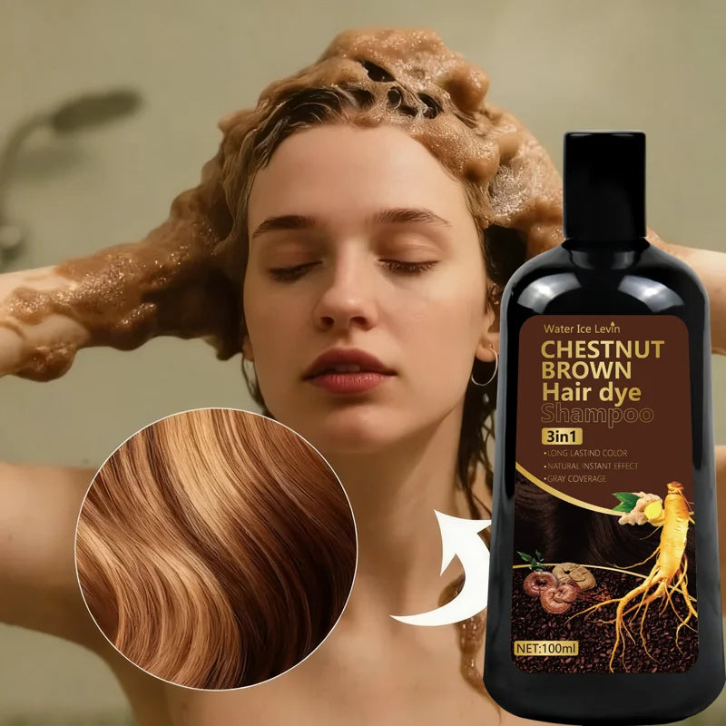 Water Ice Levin 3-in-1 Chestnut Brown Hair Dye Shampoo with Ginger & Ginseng for Instant Gray Coverage & Long-Lasting Color Qme