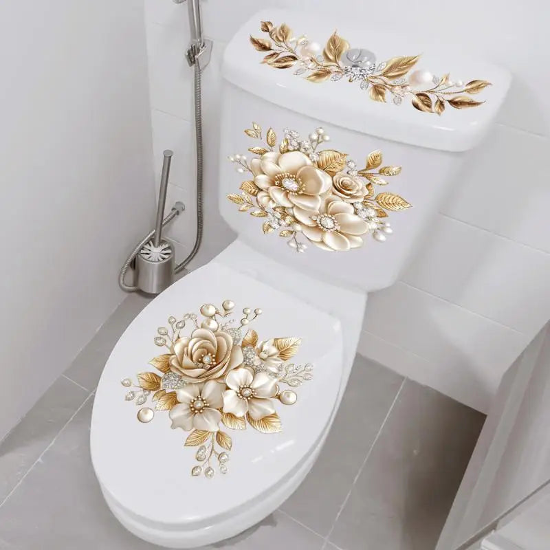 .Luxury Gold Pearl Floral Toilet Sticker Waterproof Self-Adhesive Bathroom Decor Sticker Wall Stickers Home Decoration Stickers. Qme