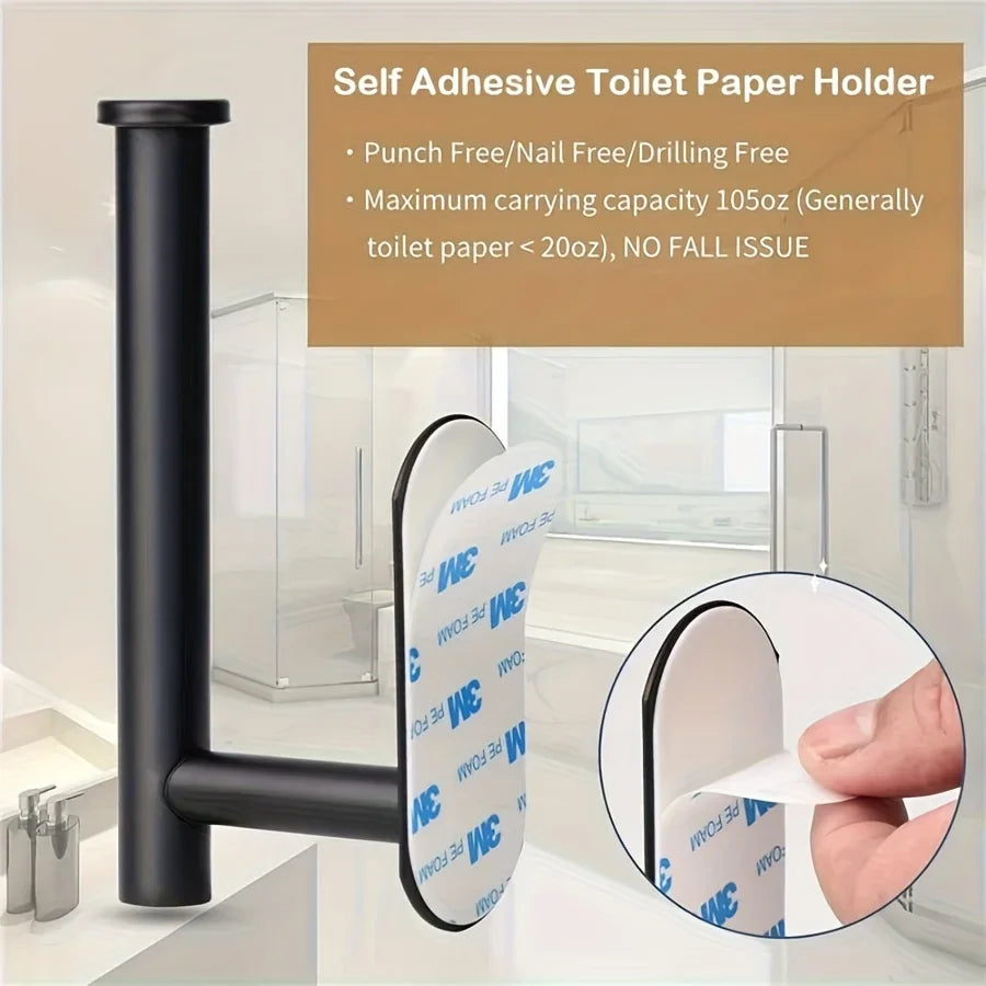 1pc Toilet Paper Holder - Self-Adhesive Toilet Paper Holder, SUS 304 Stainless Steel No-Drill Toilet Roll Holder, Matte Black Qme