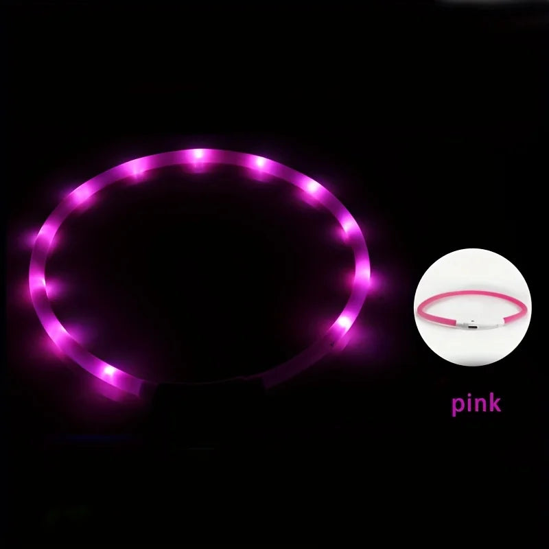 Dog collar LED USB charging light adjustable safety light, pet collar for walking dogs at night, illuminated collar Qme Pink L