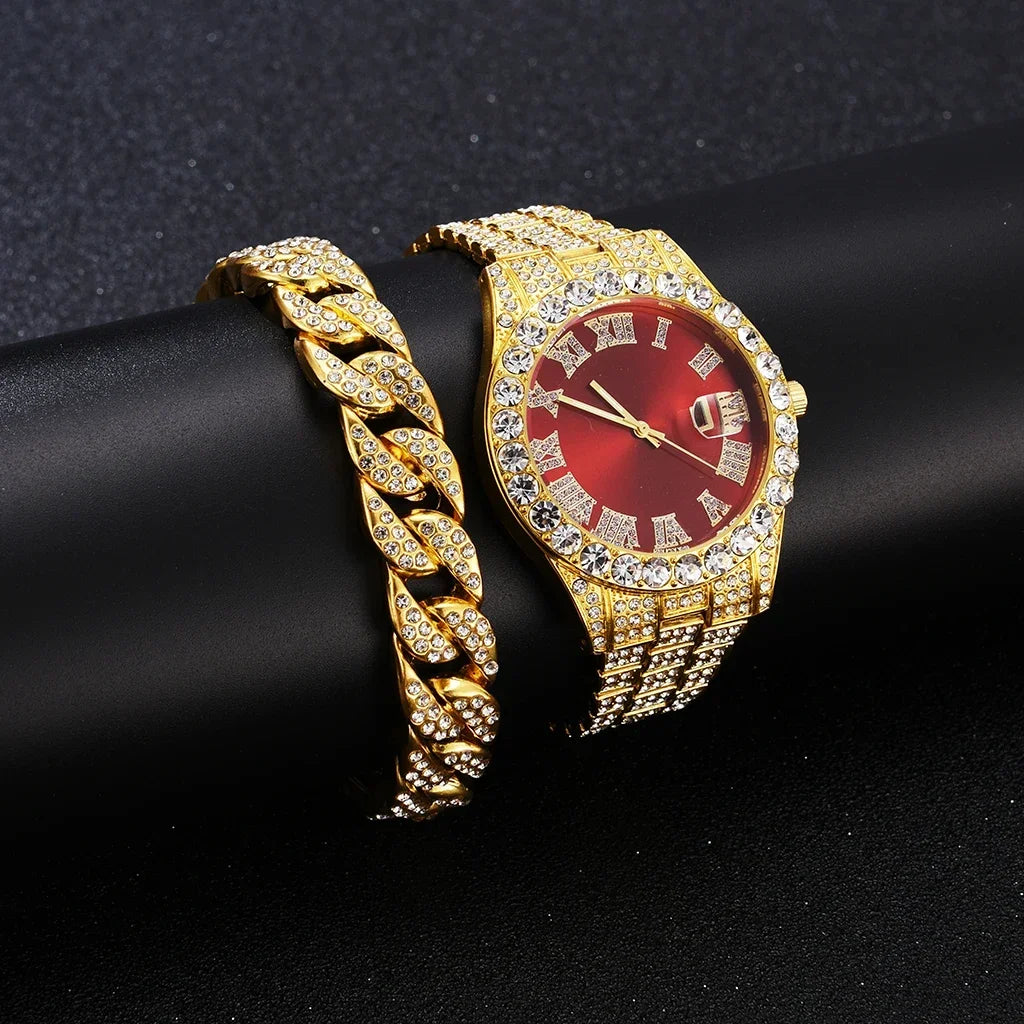 Iced Out Watch Men Luxury Brand Full Diamond Mens Watches AAA CZ Quartz Men's Watch Waterproof Hip Hop Male Clock Gift for Men Qme Gold Red Set