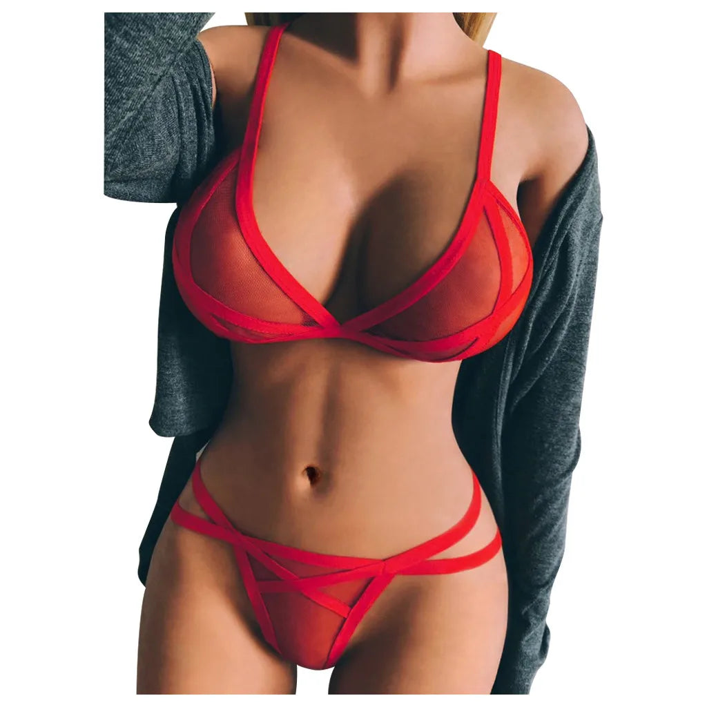 Ladies’ Solid Color Suspender Mesh Perspective Single-layer Underwear Sexy Breathable 1/2 Cup Seamless Non-adjustable Bra Set Qme