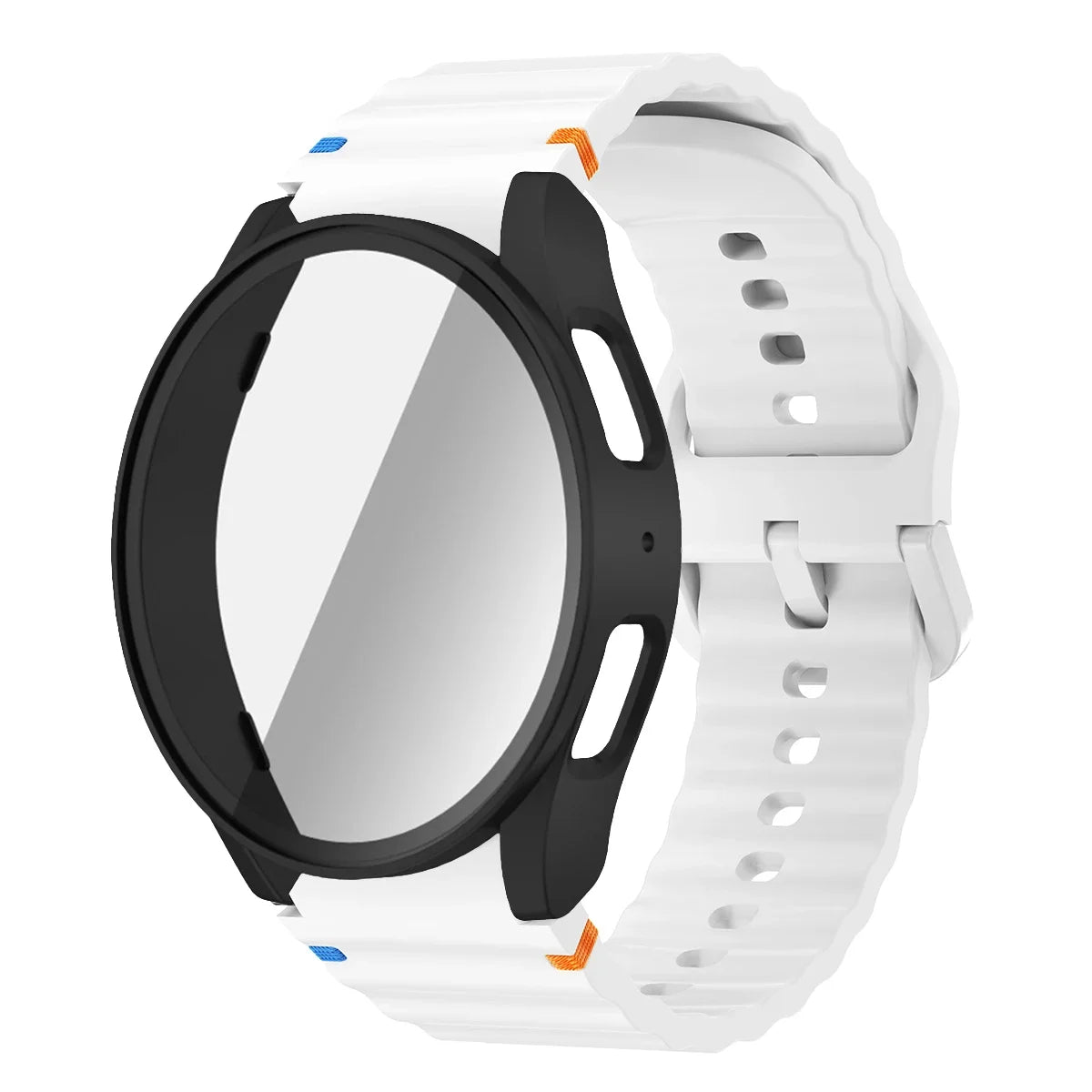 Silicone Strap for Samsung Watch 7 6 5 4 40mm 44mm 5Pro 45mm Band With Case Screen Protector Bumper cover for Wrist Accessories Qme White-Black Watch 6 Classic 43mm