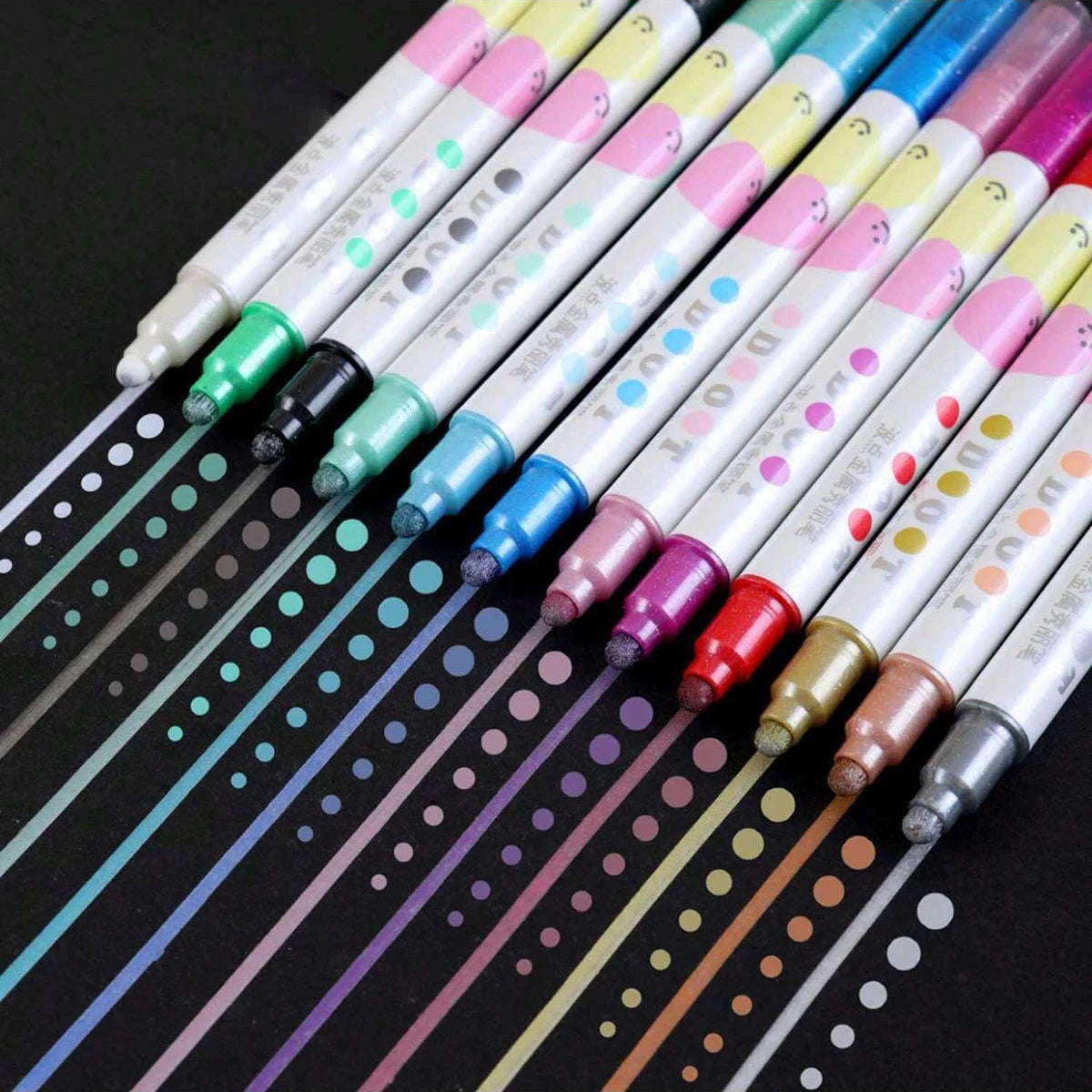 12 Colors Kawaii Double Tips Wave Dot Metallic Marker Highlighter Pens DIY Scrapbook Painting Stationery School Office Supplies Qme