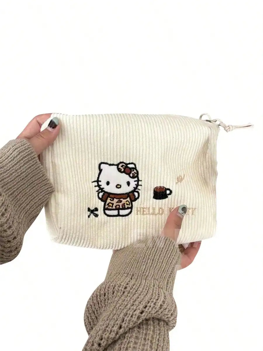 Hello Kitty Embroidered Handheld Corduroy Makeup Bag Large Capacity Qme White KT L