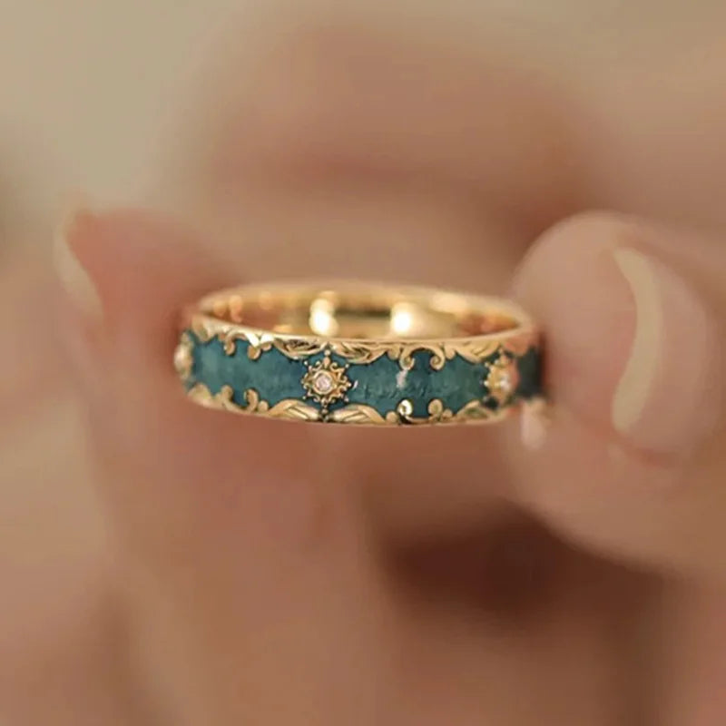 Niche New Fashion Retro Enamel Patterned Open Ring Exquisite Fairy Temperament Jewelry Beautiful Design Couple's Day Trend Gift Qme Blue resizable