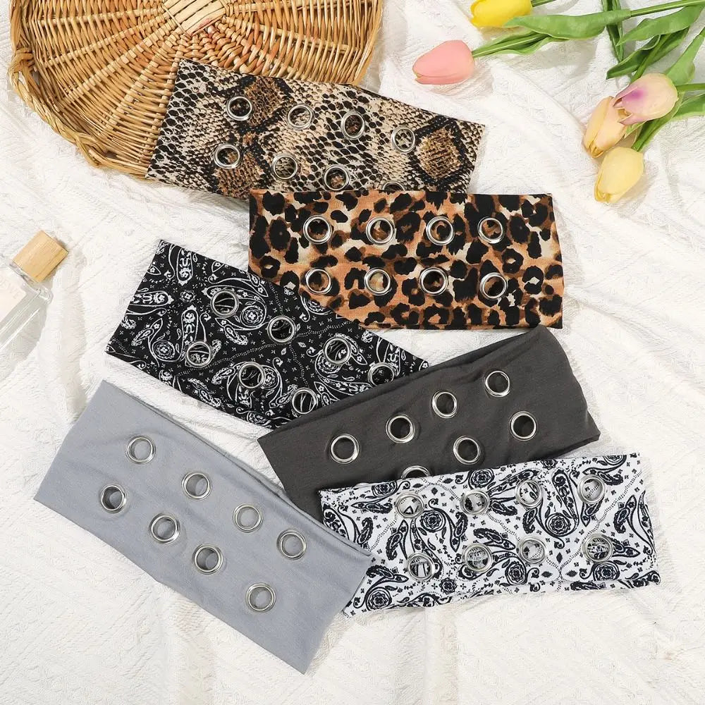 Leopard Print Hollow Metal Headband Cashew Pattern Solid Color Hollowed Out Eyelets Headband Rock Steampunk Hip-hop Qme
