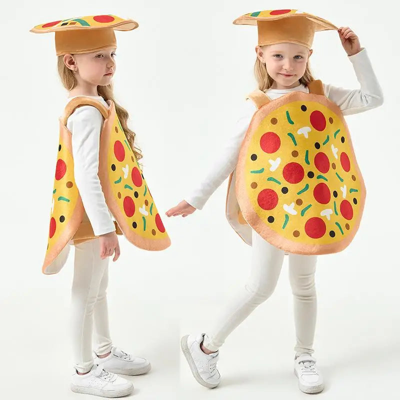 1Set Adult Stage Performance Costume Cap Outfits Kids Pizza Cosplay Food Funny Clothing Overall Hat Halloween Party Fantasia Kit Qme