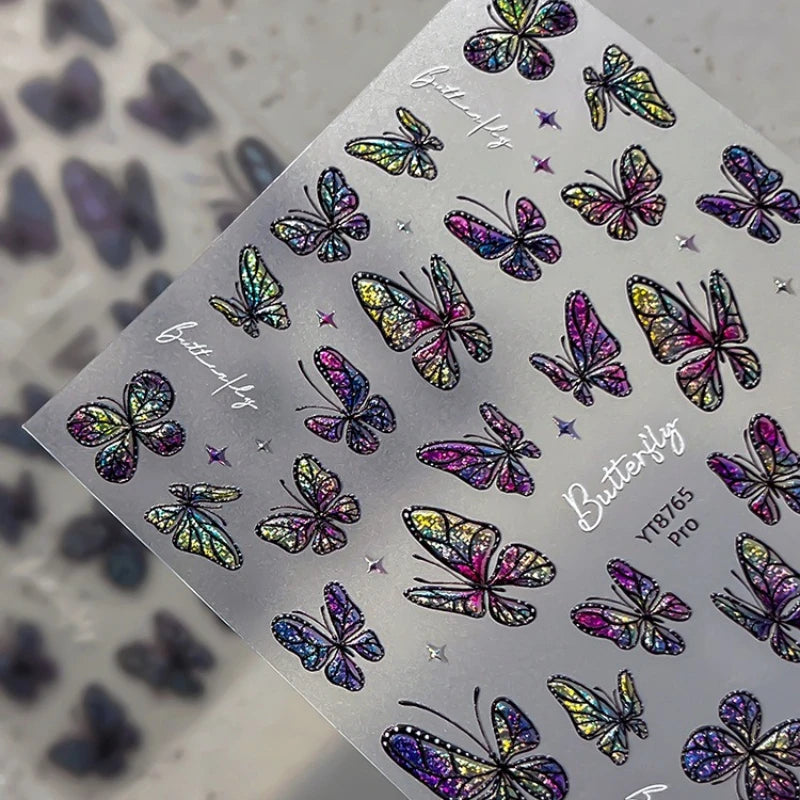 3D Embossed Holographic Butterfly Nail Stickers, Iridescent Aurora Self Adhesive Waterproof Decals for Nail Art DIY Manicure Qme