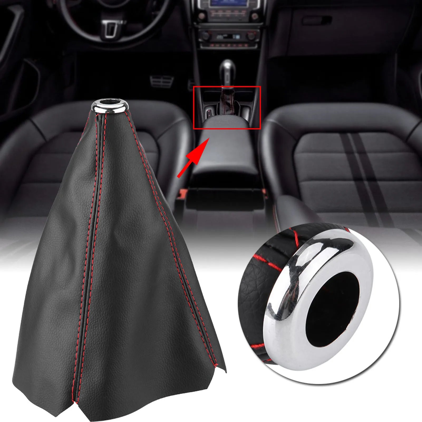 Gear Shift Knob Cover Gear Gaiter Bright Black PU Leather Gear Shift Knob Cover Red Stitch Gear Gaiter Boot Cover Qme