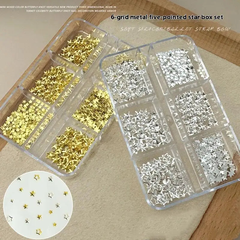 6 Grids Metallic Gold Silver Nail Art Rhinestones Pentagrams Rivet Qme