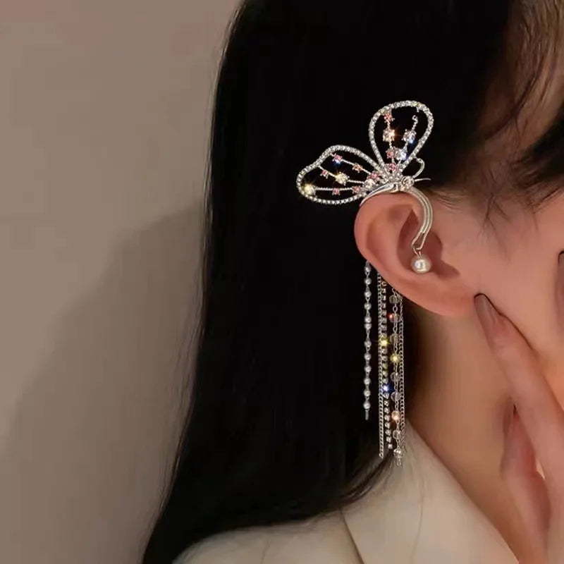 Creativity Exaggerate Silver Color Tassel Butterfly Ear Clips Women Ear Cuff Clip Fairy Earrings Without Piercing Sparkling Qme Silver Left Ear Sing
