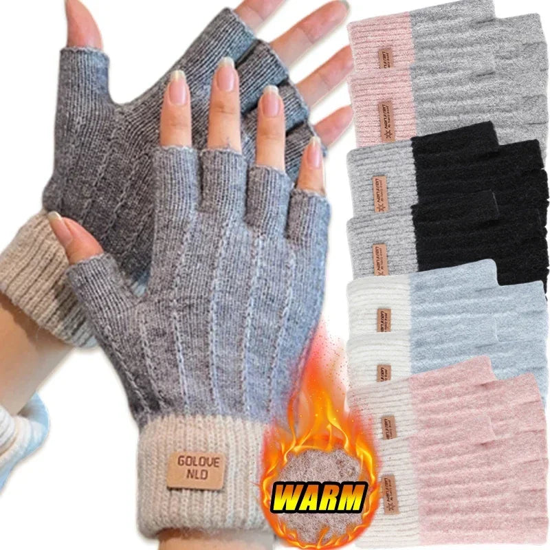 2024 Men Winter Fingerless Half Finger Knitted Gloves Office Warm Qme