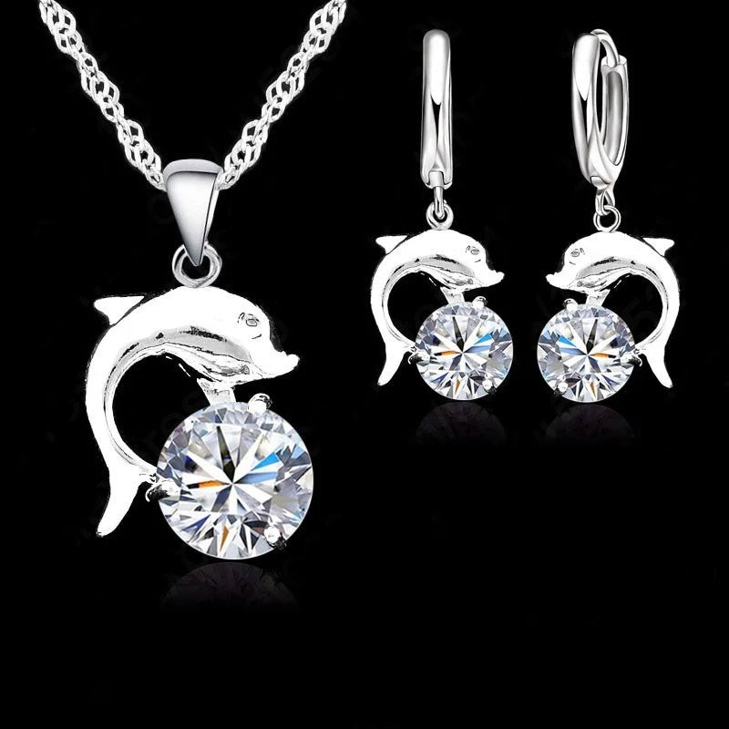 Jewelry Sets for Women Grils Wedding Engagement CZ Diamond 925 Sterling Silver Color Dolphin Pendant Necklace Hoop Earrings Qme