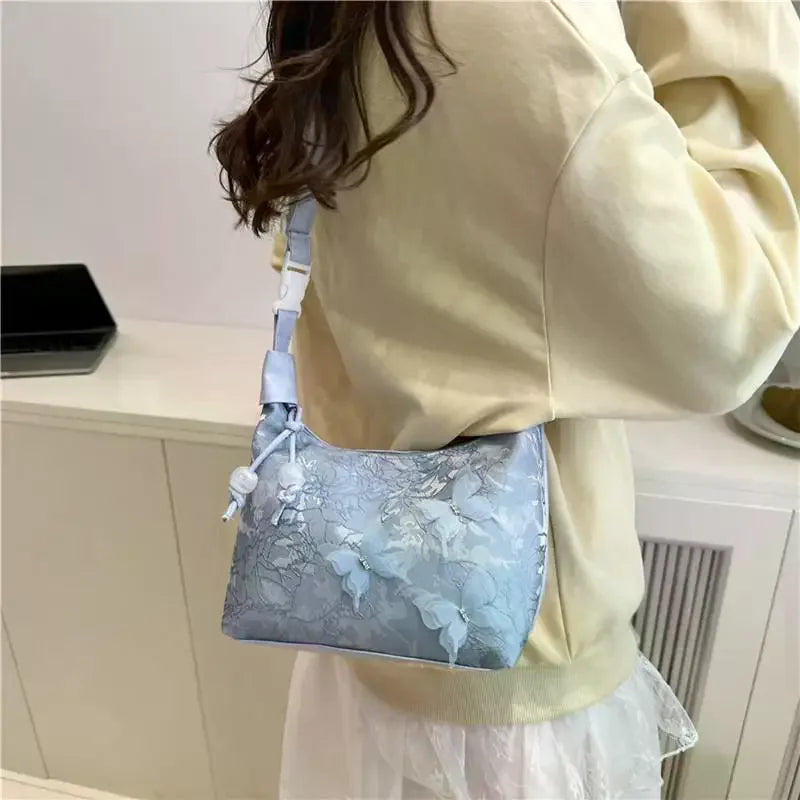 Sweet Embroidery Shoulder Bag Nylon Texture Pearl Pendant Crossbody Small Bucket Handbag For Women Girls Qme