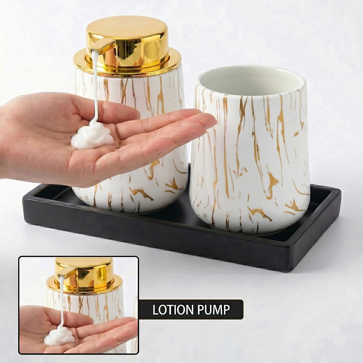 Luxury White Marble Bathroom Accessories Set Foaming Soap Dispenser Toothbrush Holder Unbreakable Plastic Gold Decor Vanity Set Qme gold liquid set