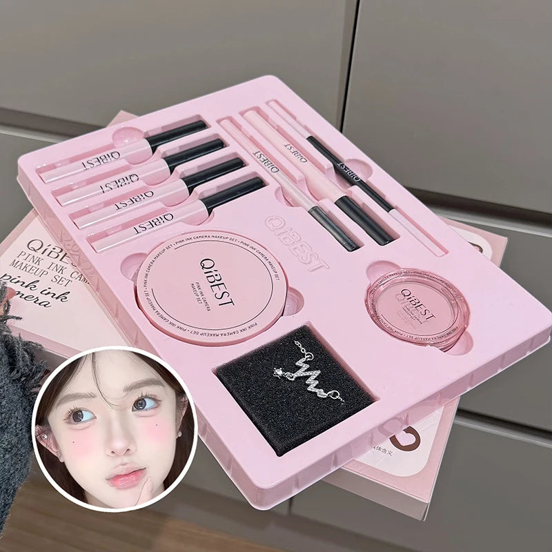 QIBEST Multipurpose Makeup Set Include 4PC Lip Mud,1 Pressed Powder,1 Blush,1 Eyeliner,1 Eyelash Tool,1 Eyebrow Pencil Cosmetics Qme