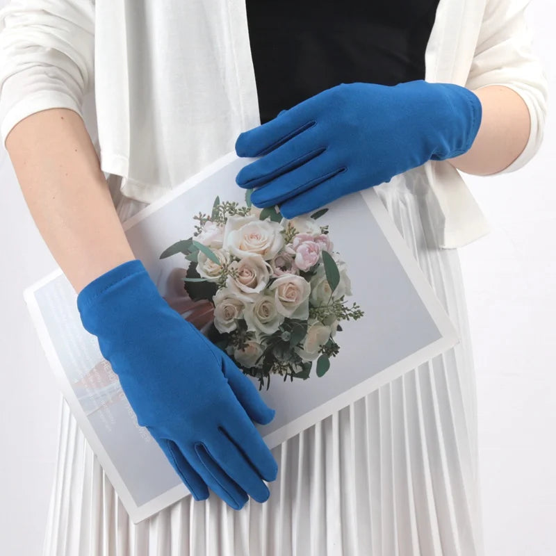 Solid Fashion Women's Gloves Manner Ceremonial White Elastic Qme Blue