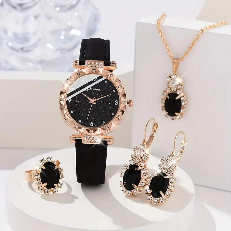 Womens Watches 5Pcs Set Luxury Rhinestone Women Fashion Elegant Wristwatch Quartz Watch For Girl WristWatch Bracelet Gift Qme black