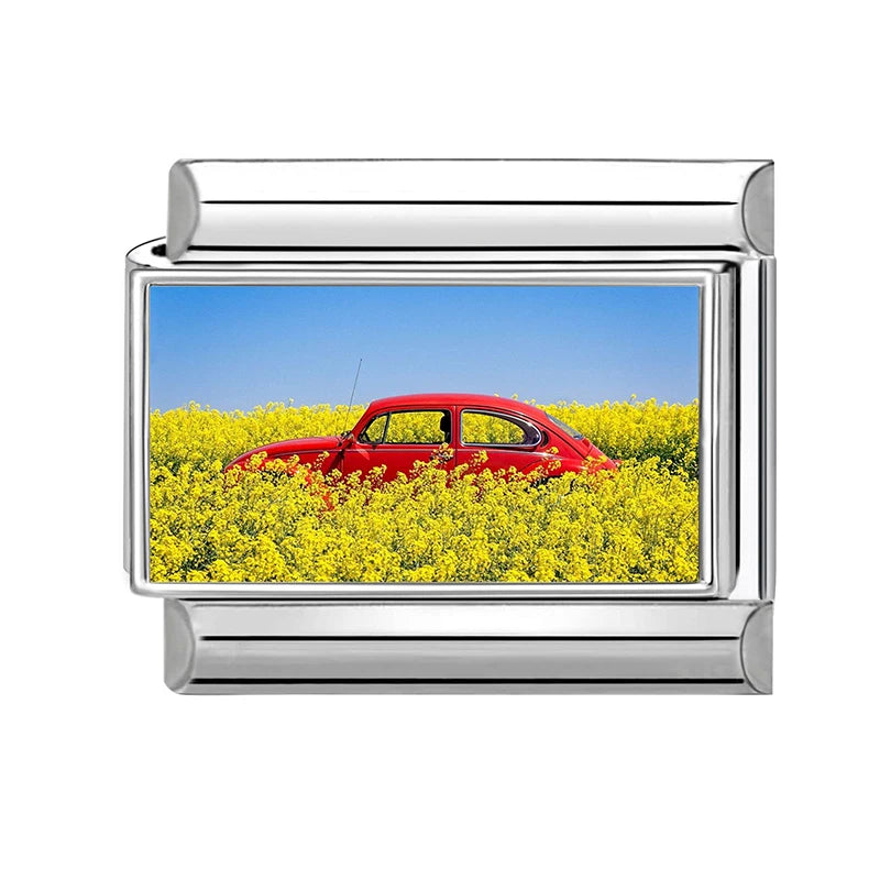Spring Scenery Rape Flower Red Vintage Car Tree House Charms Italian Links Fit 9mm Bracelet Stainless Steel DIY Making Jewelry Qme Style 7