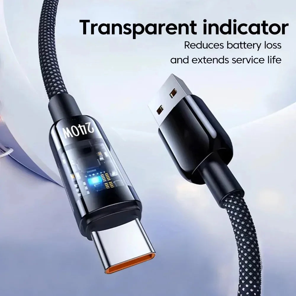 240W Type C To USB 10A Quick Charging USB C Cable Nylon Braided Transparent Type C Charger Wire for Samsung Huawei Xiaomi Line Qme