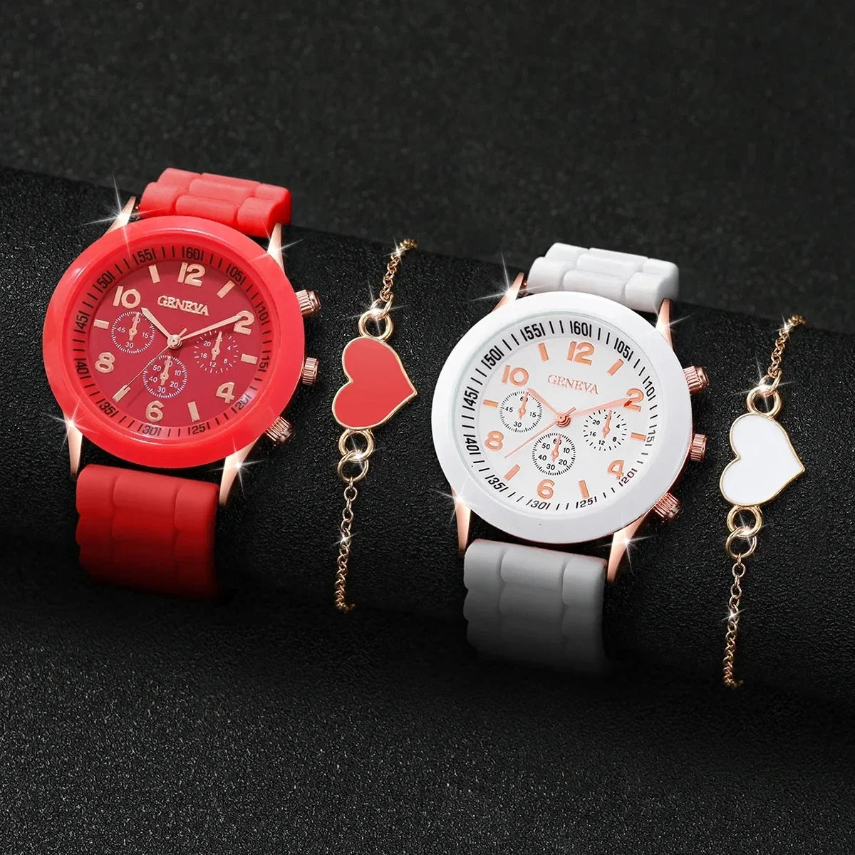 4-Piece Quartz Watch and Heart-Shaped Bracelet Set - Accurate Timekeeping, Casual Fashion Style, Perfect Valentines Qme red and white