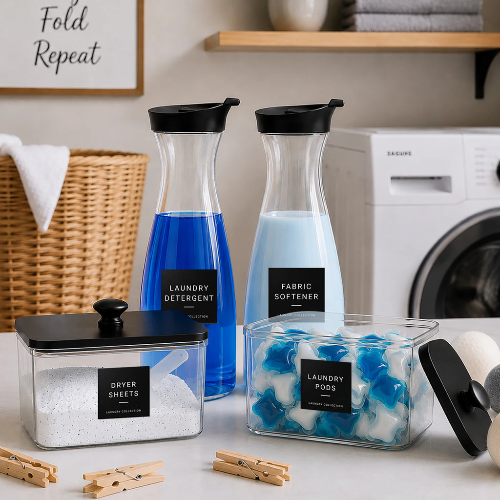 Laundry Organization Containers Set with Labels Empty Detergent Dispenser Bottles for Laundry Pods, Dryer Sheets Scent Boosters Qme