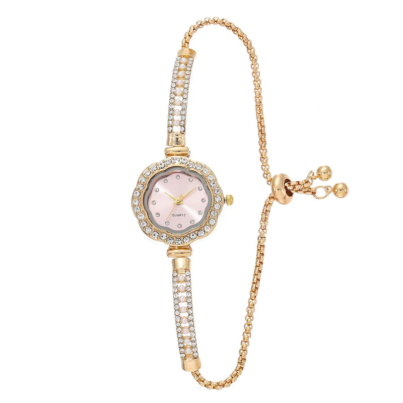 1pcs Floral Colorful Dial Fashion Small Light Luxury Pearl Strap Women's Watch Features Pulling Bracelet Qme Rose