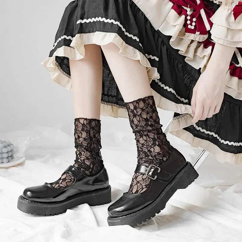 Women Kawaii Japanese Fashion Sock Retro Lace Floral Mesh Lolita Cute Qme