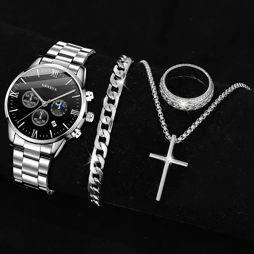 4PCS Men's Watch Set Fashion Trend Business Quartz Watch Cross Pendant Necklace Ring Bracelet Jewelry Set Perfect Gift for Him Qme Silver
