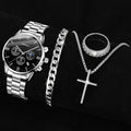 4PCS Men's Watch Set Fashion Trend Business Quartz Watch Cross Pendant Necklace Ring Bracelet Jewelry Set Perfect Gift for Him Qme Silver