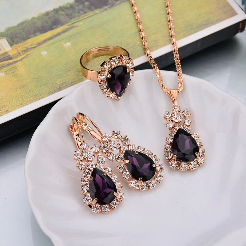 3ps Set Fashion Water Drop White Blue Red Purple Black Temperament Jewelry Sets for Party Women Pendant/Necklace/Earrings/Rings Qme