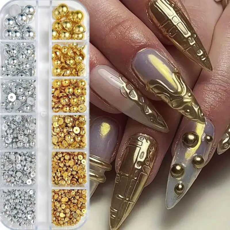 12Grids Mixed Semi-circular Pearl Gold Silver Nail Charms Decor Qme