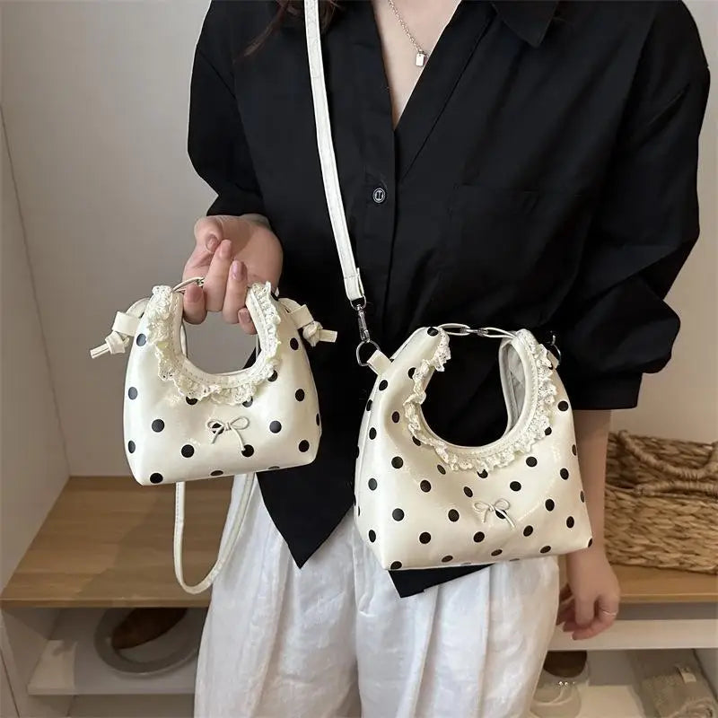 Light Polka Dot PU Leather Bag With Lace Ruffled Handle Cute Bow For Daily Shopping Dating Outings Qme