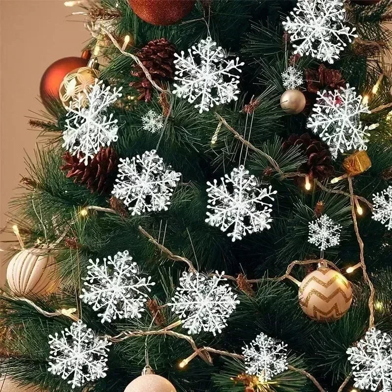 Christmas Plastic White Snowflakes Ornaments Xmas Tree Hanging Pendant Artificial Glitter Snow Flake Home DIY Wreath Decoration Qme