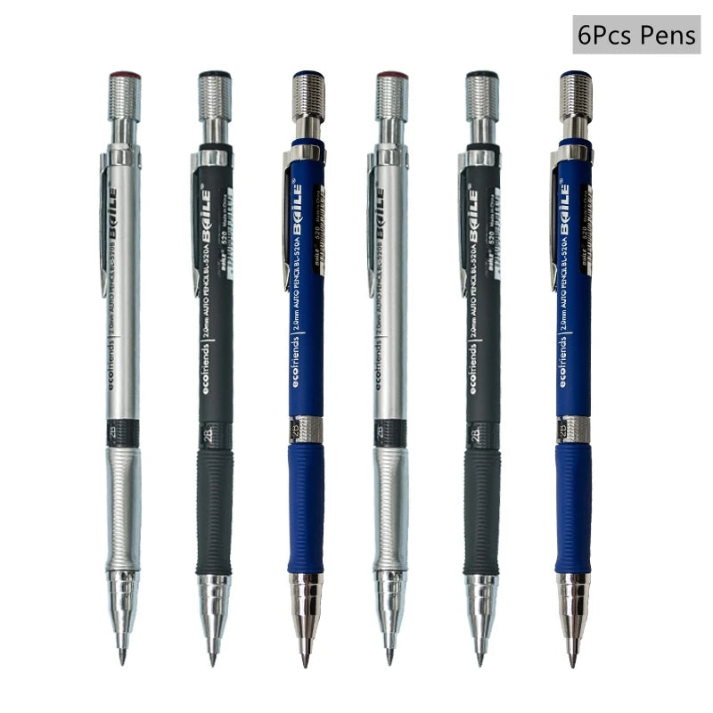 Mechanical Pencil Set 2.0 mm with 2B Black/Colors Lead Refill For Writing Sketching Art Drawing Painting School Automatic Pencil Qme 6Pcs pencils A