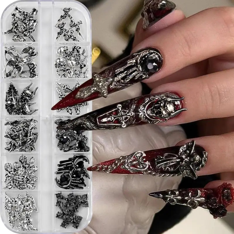12Grid Vintage Cross Nail Art Charms Y2k Metal Alloy Skeleton Angel Qme