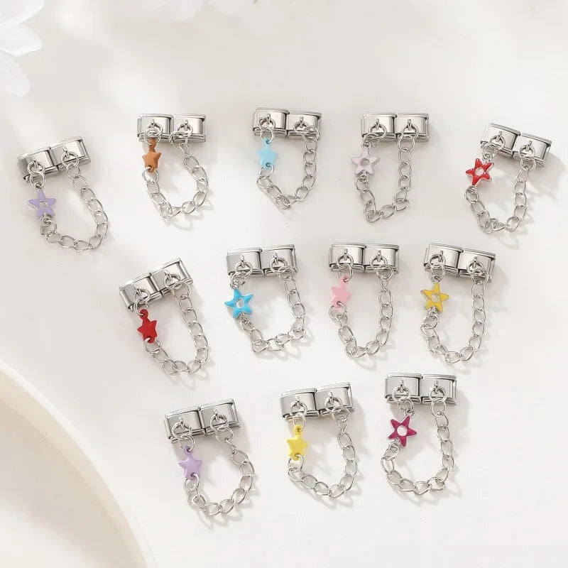 Wholesale Fashion Colour Stars Tassel Chain Module Italian Charm Bracelet Fit 9mm Hand Chain Stainless Steel DIY Jewelry Making Qme