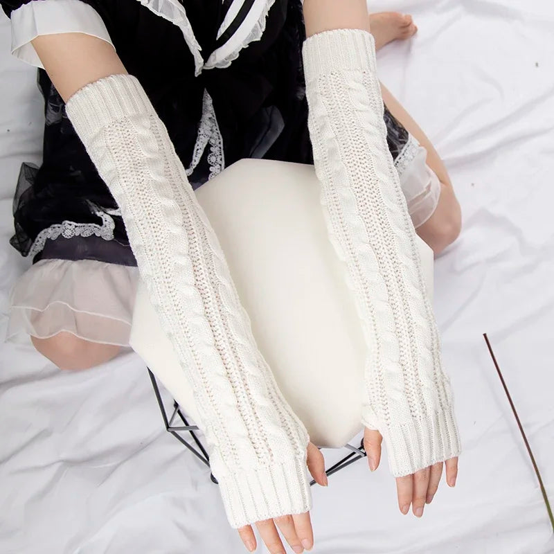 Women's Winter Mitten Knitted Arm Warmers Long Fingerless Gloves Qme WHITE Length -50cm