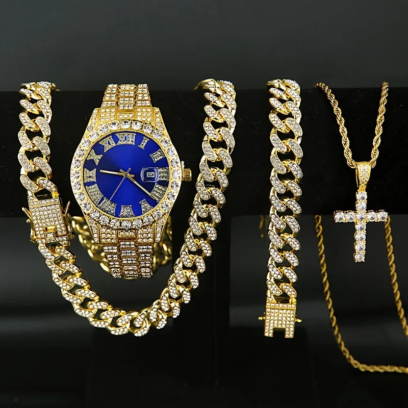 Luxury Iced Out Men's Watch Jewelry Set, 5Pcs Blue Dial Watch + Cuban Chain + Cross Necklace + Bracelets, Hip Hop Accessory Qme Rose