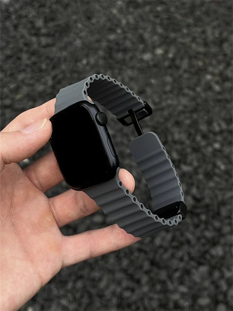 Simple Folding Buckle Magnetic Strap For iwatch 9 8 7 SE 6 5 4 3 Solid Color Sport Soft Silicone Band For Apple Watch 49mm 41mm Qme Dark Gray 42-44-45-49mm