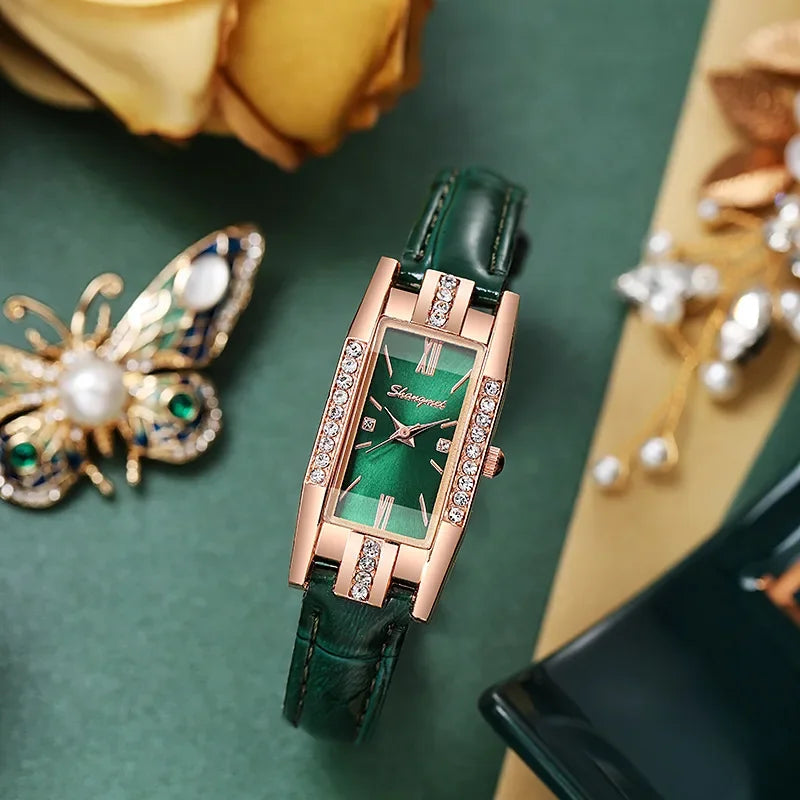2 unidades/conjunto relógios femininos moda retângulo pulseira de couro relógio de quartzo (sem caixa) Qme green