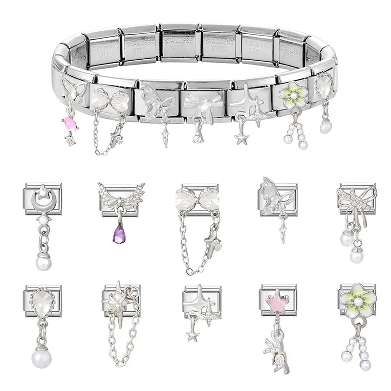 Colorful Square Zircon Pendant Italian Charm Fit 9mm Stainless Steel Women DIY Bracelet Drop Shipping Fashion Jewelry Wholesale Qme