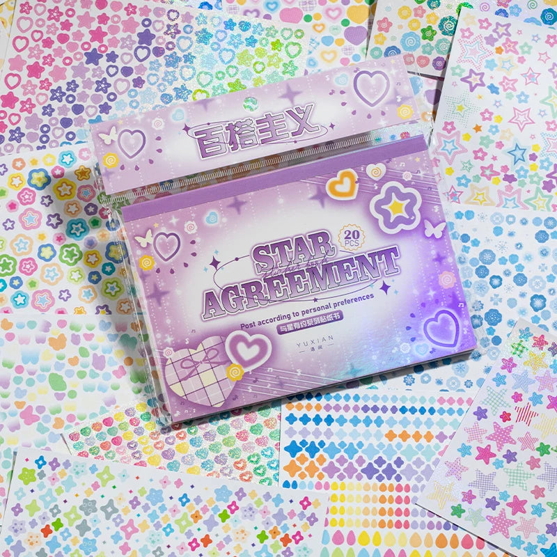 20 sheets，Cute Star cartoon pattern Ins Style Sticker Book, DIY Scrapbooking Stickers Collage Magazine Decoration Stationery Qme B2